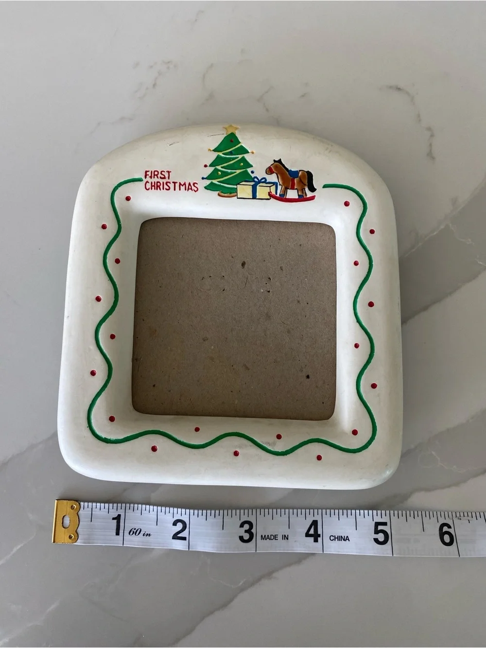 Vintage 80s 90s Bright Touches Baby First Christmas Ceramic Holiday Photo Frame